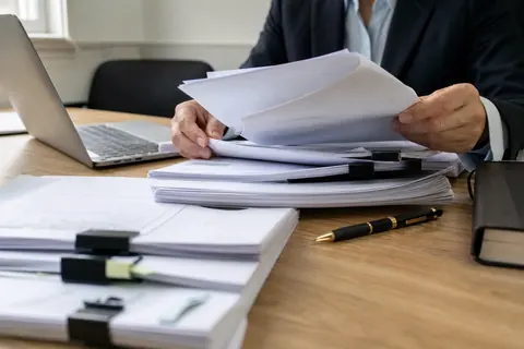 Bir masa üzerinde göçmenlik dosyalarını inceleyen anonim bir kişinin elleri ve belgeler