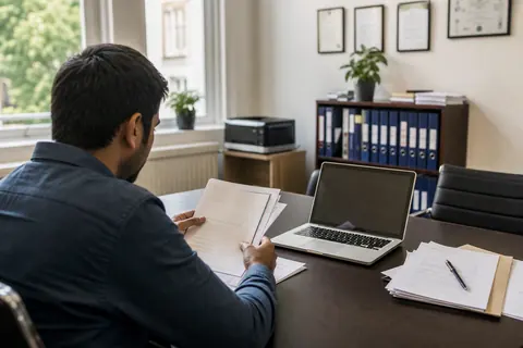 Bir ofis masasında vize evraklarını inceleyen anonim bir yetişkin ve yanında dizüstü bilgisayar
