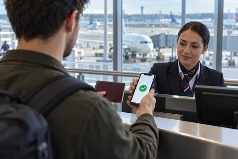 Havalimanı kontuarında telefondaki dijital izin göstergesini kontrol eden görevli
