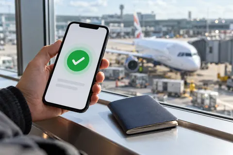 Havaalanında telefonunda genel bir durum işareti görünen yolcunun temsili görüntüsü