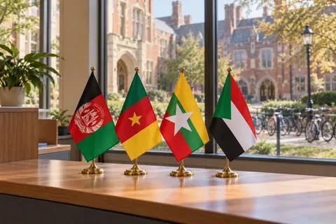 Üniversite ortamında Afganistan, Kamerun, Myanmar ve Sudan'ı temsil eden dört bayrak